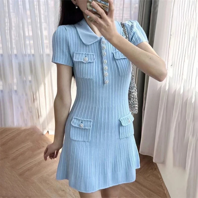 SpringSummer Polo Neck Short Sleeve Knitted Dress Y2K Fashion Commuter Elastic Slim Fit Multi Pocket Wrapped Hip Skirt 260623