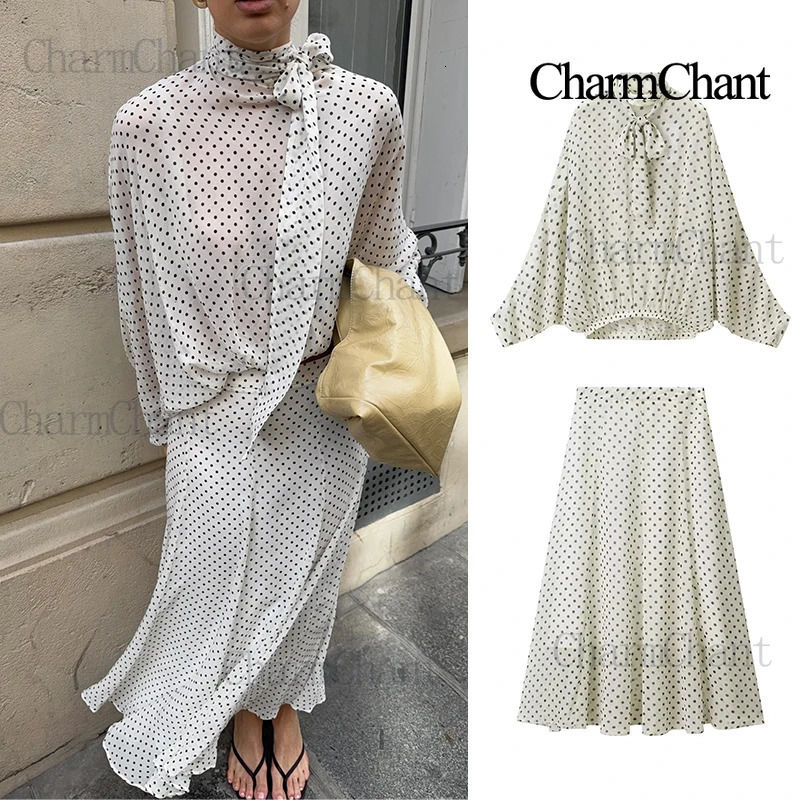 CharmChant Womens Polka Dot Sheer Chiffon Oversized Shirt Maxi Skirt 2 Piece Set Spring 2026 Retro Elegant Chic Party Outfits 260622