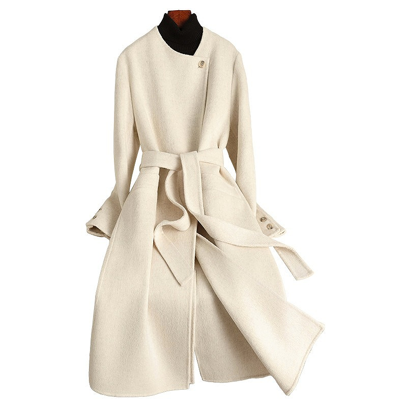 D4512 New autumn and winter double-faced wool coat, extended style, over-knee lace-up, slim fit, high-end feel-image-1111884134