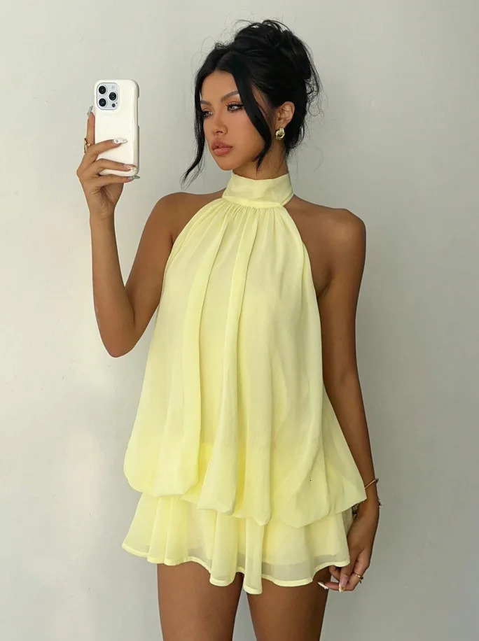 Womens Vacation Slim Fit Fashion Sexy Backless Halter Tie Waist Versatile Solid Color Dress Stylish and Comfortable Summer 260623