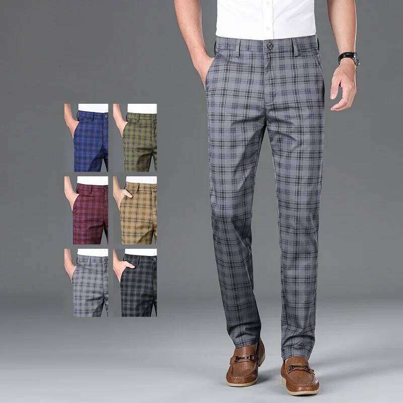 2024 Summer Classic Simple Straight Pants for Men Personalized Checkered Versatile Stretch Business Casual Slim Trousers W260624