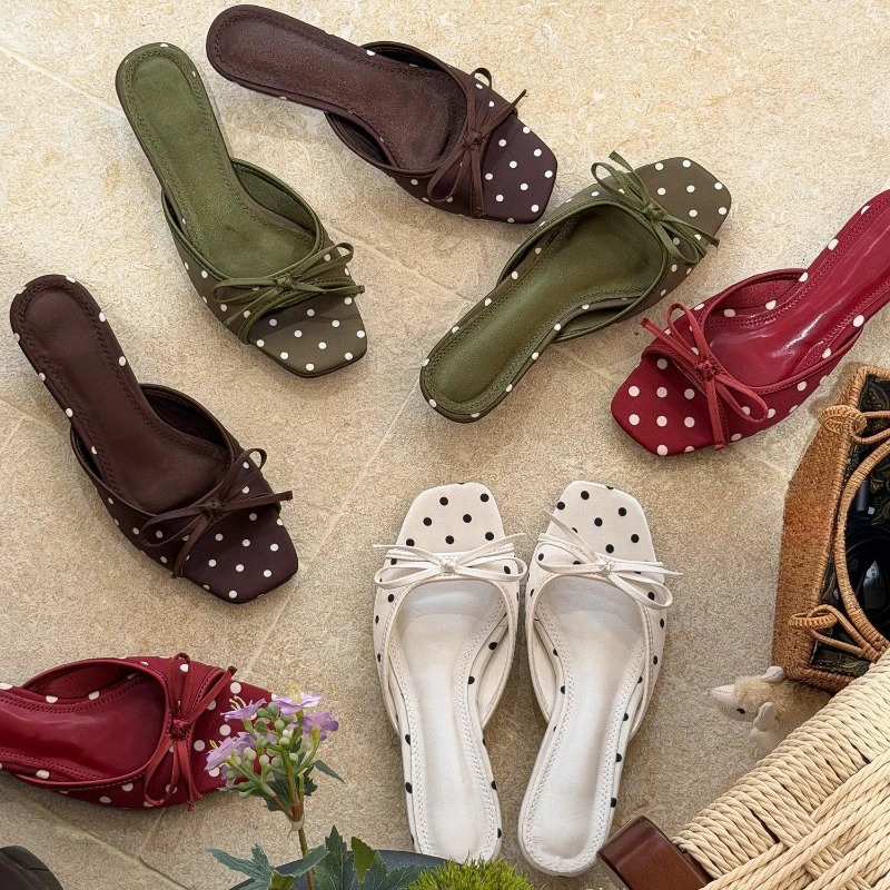 ner Square Toe Women Polka Dot Slippers Fashion Satin Butterfly-knot Low Heels Party Dress Slide Summer Shoes 260624