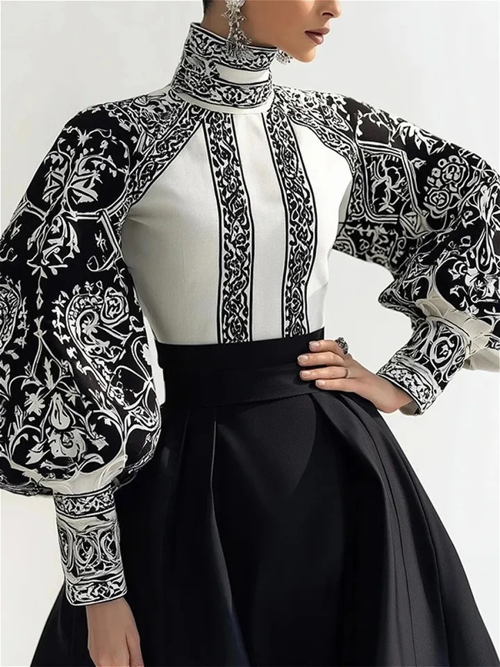 Modigirl Vintage Court Style Black and White Floral Print Blouse Women 2026 Spring Summer High Neck Puff Sleeve Elegant Shirt 260623