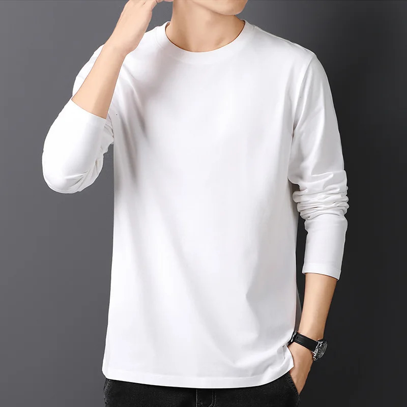 Spring Autumn 100 Cotton T-Shirts Men Solid Round Neck Long Sleeve Casual Tshirt Male Comfortable Breathable Korean Slim Tees 260624