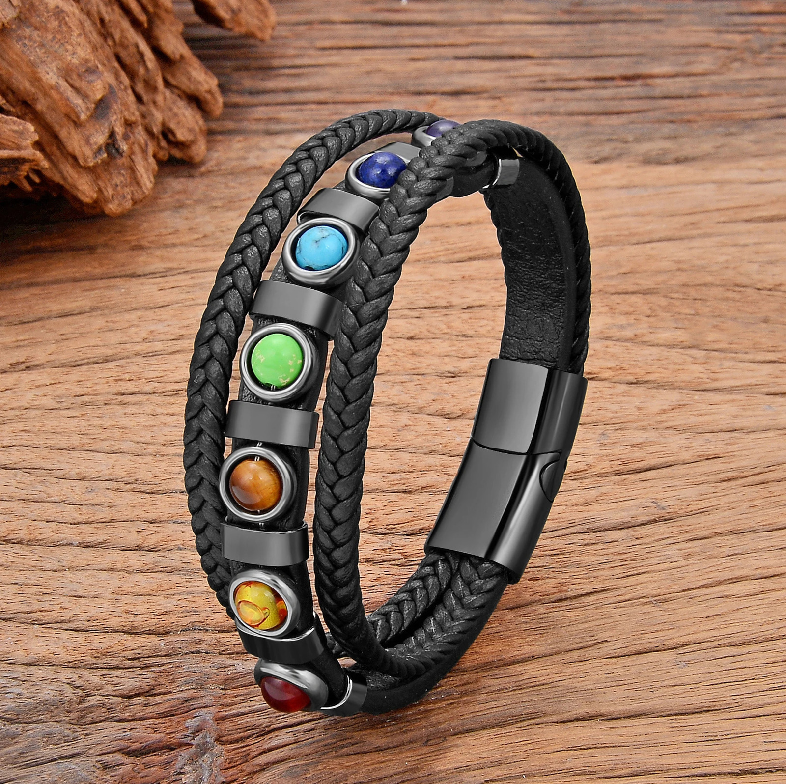 Bohemian Ethnic Style Chakra Bracelets for Man Multi-Layer Braided Handmade Leather Rope Stainless Steel Quality Jewellery260624