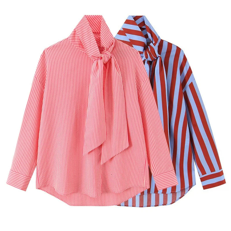 2026 Elegant Mature Ladies Striped Long Sleeve Shirts Spring Bow Tie Scarf Collar Bright Color Loose Casual Office Commute Work 260623