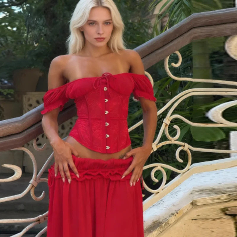 Women Sexy Red Off Shoulder Corset Two Piece Set Ruffle Trim Lace Up Bustier Top Flowy Low Waist Skirt Party Evening Outfit 260624