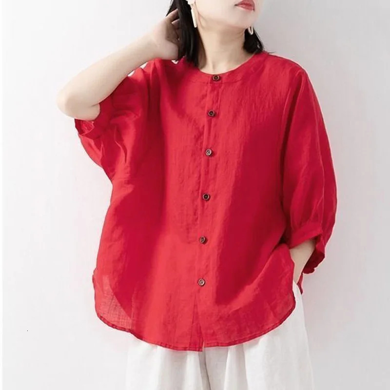Cotton and linen shirt womens spring and summer thin solid color lantern sleeve stand collar top loose large size shirt 260623