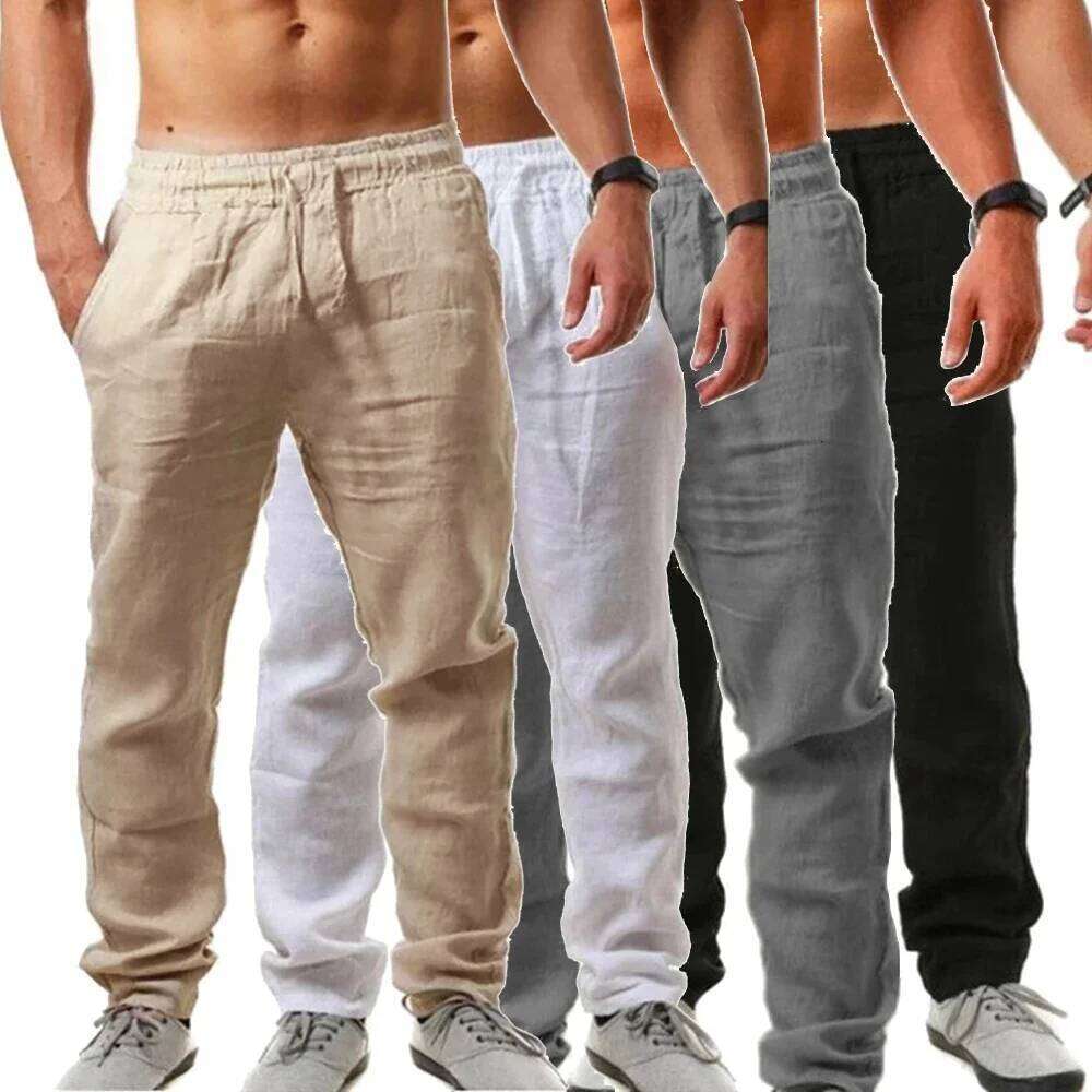 Men's Cotton Linen Elastic Waist Pants Breathable Casual Jogging Fitness Trousers Summer Sports Sweatpant W260624