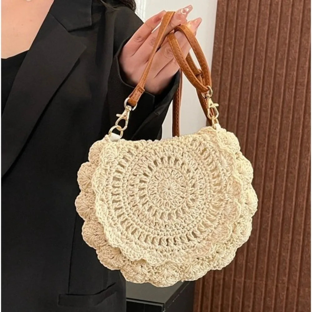 Vintage Woven Handbag Lace Knitted Hollow out Round Crossbody Bag Flower Edge Single Shoulder Pouch for ladies 260623