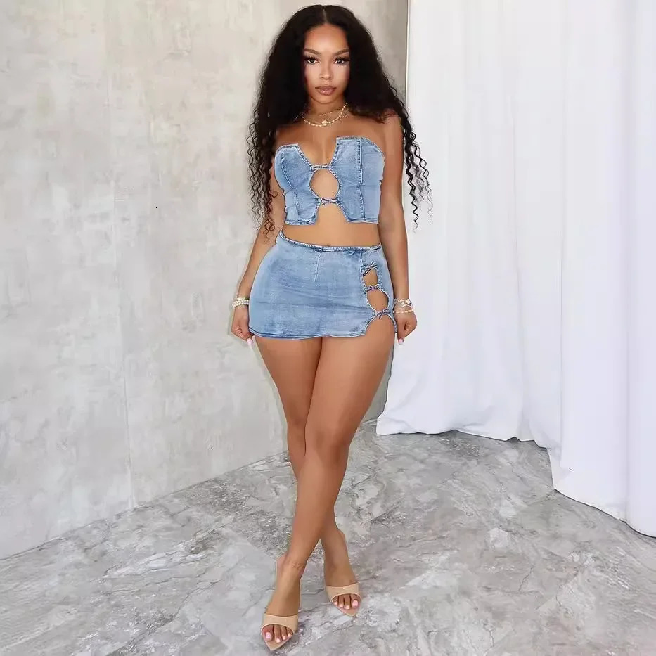 Sexy Denim Strapless Top Sleeveless Hollow Out Two Piece Sets Women Crop Tops Mini Skirt Cowboy Outfits Streetwear Skirts Suits 260623