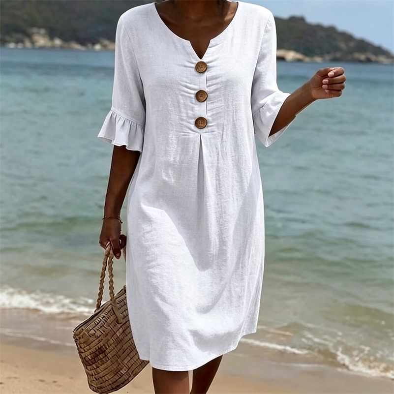 2026 European and American Cross-Border Spring and Summer Cotton and Linen V-Neck Dress with Large Buttons and Ruffle260601ww