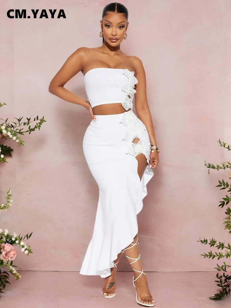 CMYAYA Bowknot Side Womens Dress Set Strapless Crop Top and Ruffles Split Midi Maxi Long Skirt Suit Two 2 Piece Outfits 260623