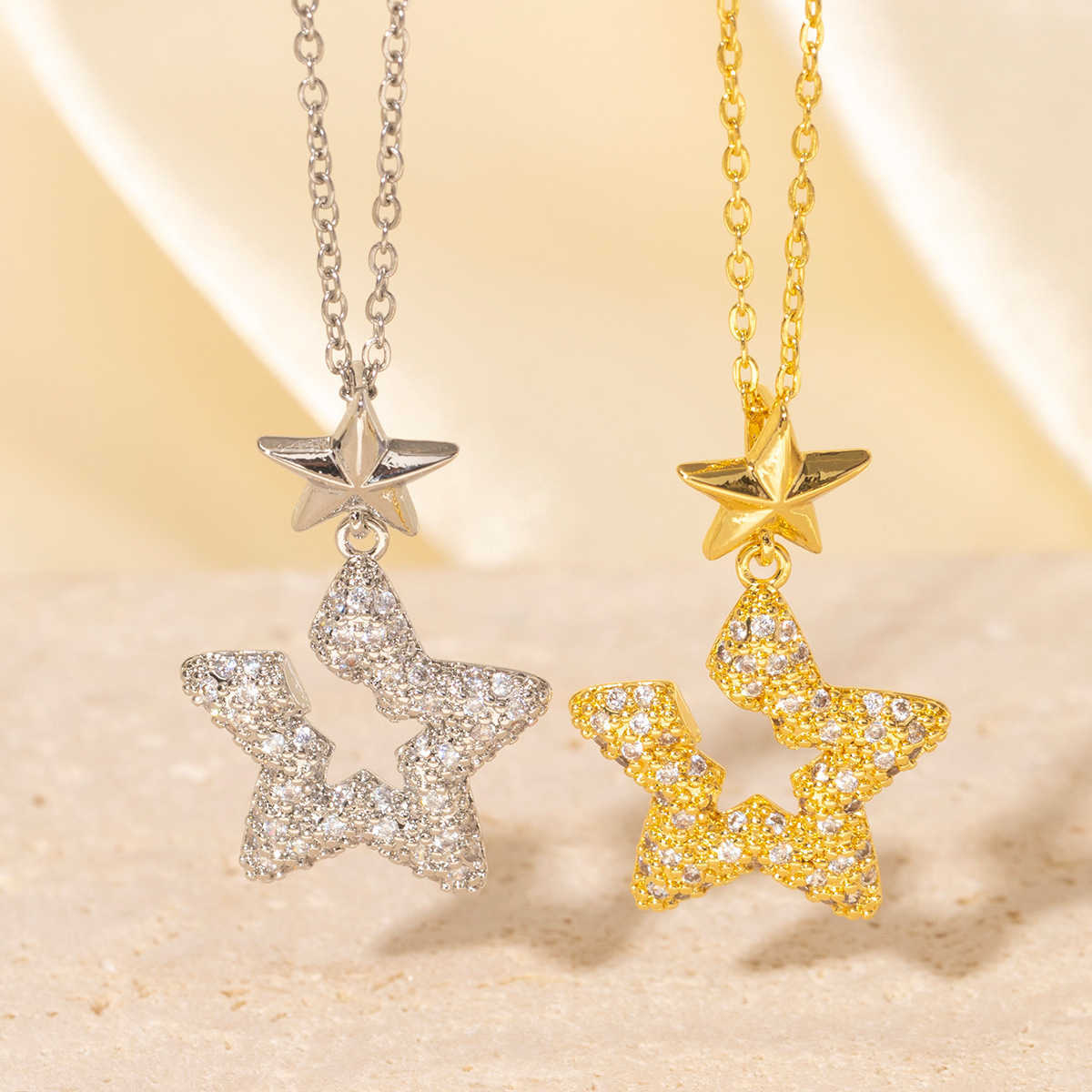 Gold Toned Double Star Pendant Necklace With Crystal Embellished Open Star Delicate Daily u0026 Sparkling Jewelry Gift For Her High Quality And Sty