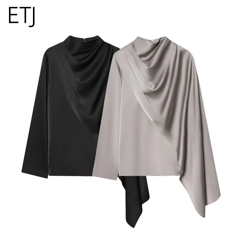 ETJ 2026 Spring womens elegant fashion shawl n satin drape top asymmetric wrinkled longsleeved shirt 260623