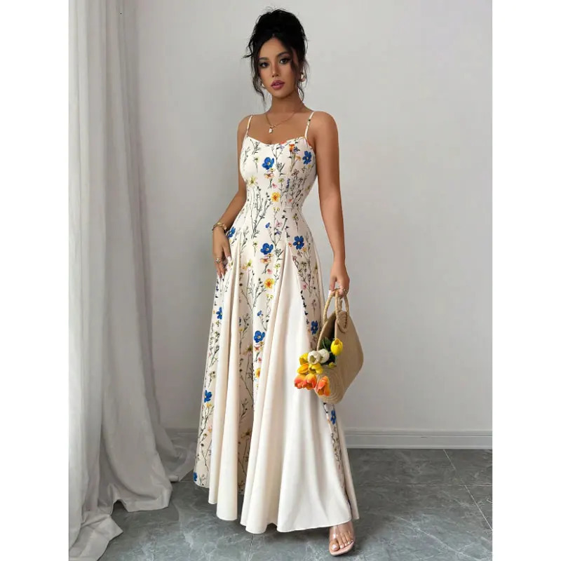 Summer Sexy Backless Spaghetti Strap Long Dress Womens Fashion Floral Printed Sleeveless Dress Elegant Casual Vacation Dresses 260617