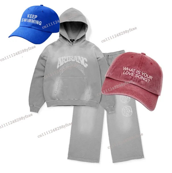 Blue letter printed hooded zipper long sleeved jacke mens womens outerwear hat Vintage Washed Grey Hoodie and Pants Set 260622