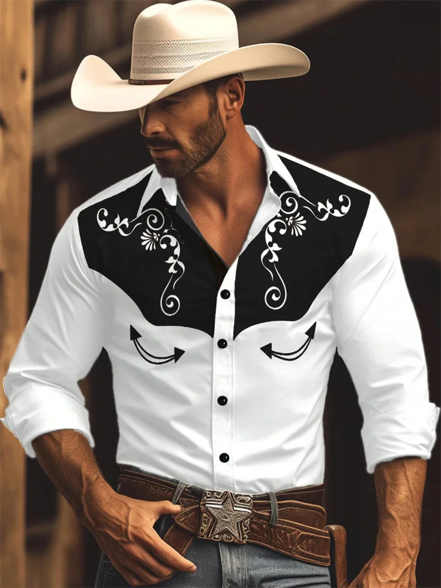 mens long-sleeved shirt Western cowboy style vintage pattern printed shirt long-sleeved lapel trendy mens top 260623