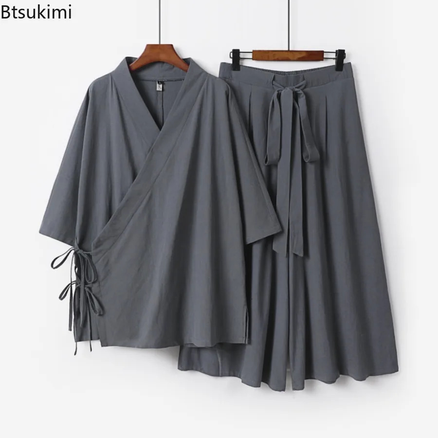 2026 Chinese Style Mens Linen Suit Tang Zen Hanfu Taoist Long Robe Top Pants Cotton and Loose Twopiece Set 260624