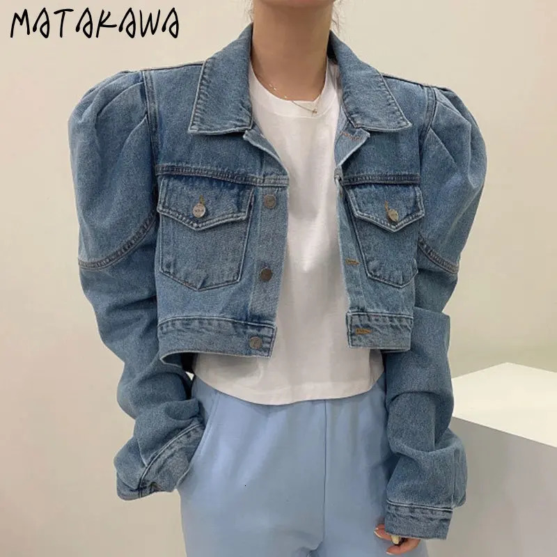 Matakawa Short Jackets Women Solid Autumn Puff Sleeve Vintage Korean Fashion Denim Chaquetas Simple Elegant Veste Femme 260623