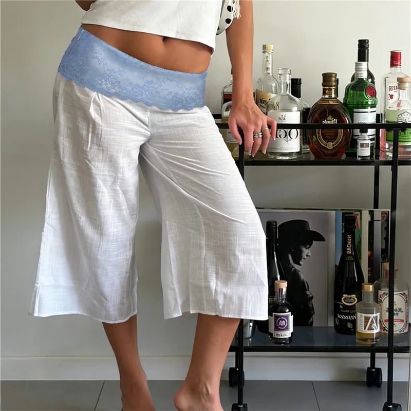 Womens Summer Casual Baggy Pants Stylish Floral Lace Fold Over Waistband Wide Leg Trousers Loose Fit Cropped Capris Streetwear 260623