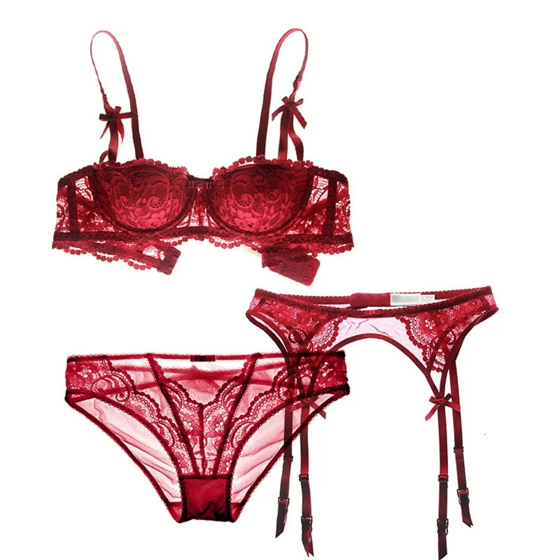 French Red 1/2 Cup Sexy Bra Set Lace Flowers Embroidery Women Underwear Push Up Brassiere and Panties Garter 3 Pieces Sets 260622