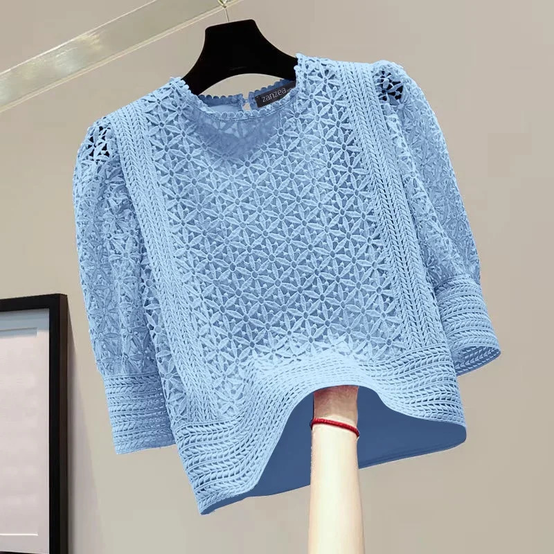 ZANZEA Elegant Women Lady Lace Blouse Summer Puff Sleeve Shirts 2026 Fashion Casual ONeck Solid Color Tunic Tops Office Blusas 260623