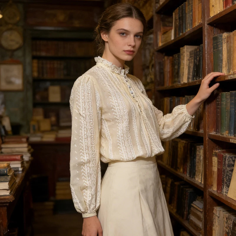 Spring Summer Vintage Lace Embroidered Blouse for Women Stand Collar Puff Long Sleeve Thin Shirt Elegant Victorian Style Top 260623