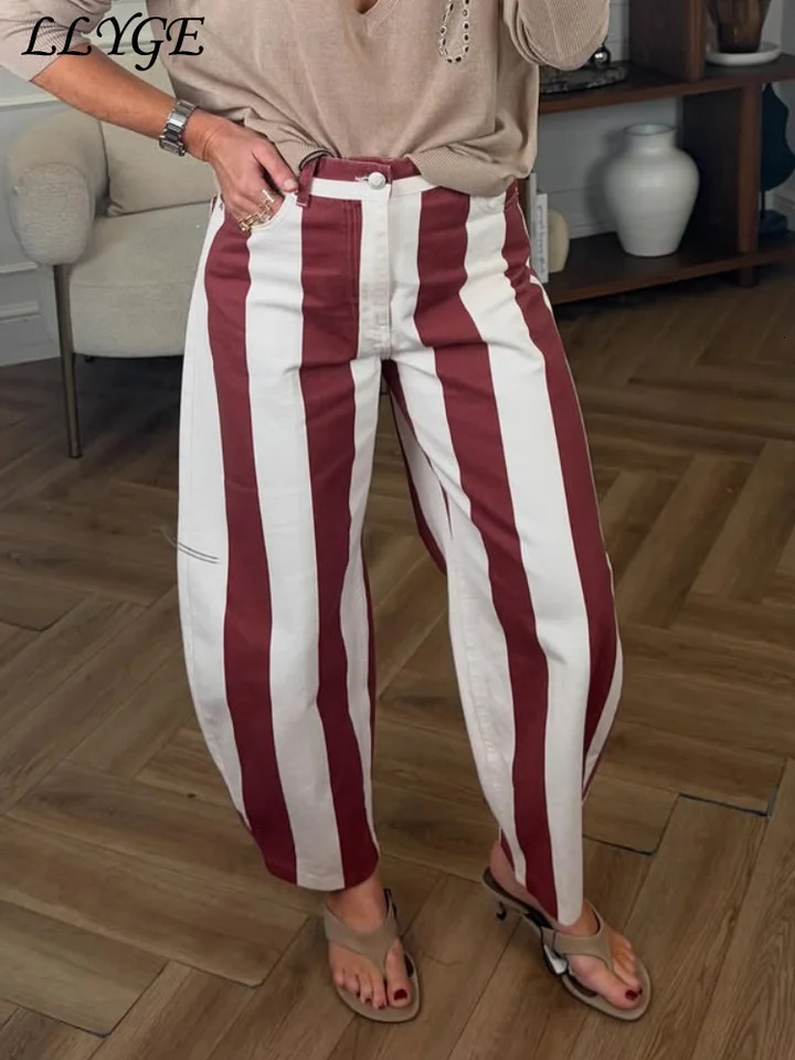 Casual Stripe Contrast Womens Pants Loose Zipper Button Pocket Wide Leg Female Pant 2026 Spring Summer Lady All-match Trousers 260622