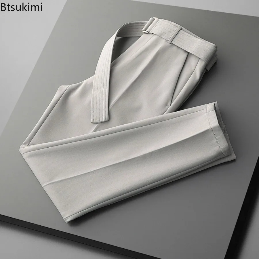 Mens Summer Thin Slim Suit Pants Koren Style Fashion Business Casual Ice Silk Ankle Length Versatile Male Streetwear 260618