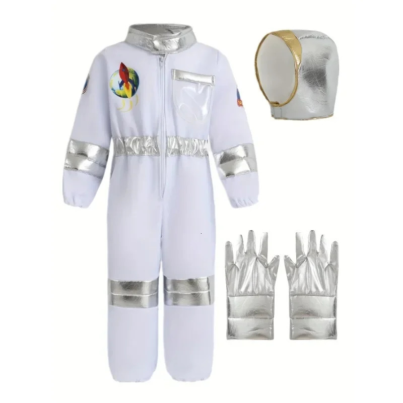 Kids US Astronaut Dressup Costume Deluxe Print Cartoon White Space Suit Bodysuit Halloween Role Play Adventure Gloves Hat Set260624