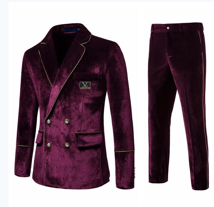 Top desinger Men loxury Tuxedo Velvet Suits 2Pcs set double breasted For Party Stage Performance Gold Trim Wedding Prom Banquet Mens Set Jacket Dres