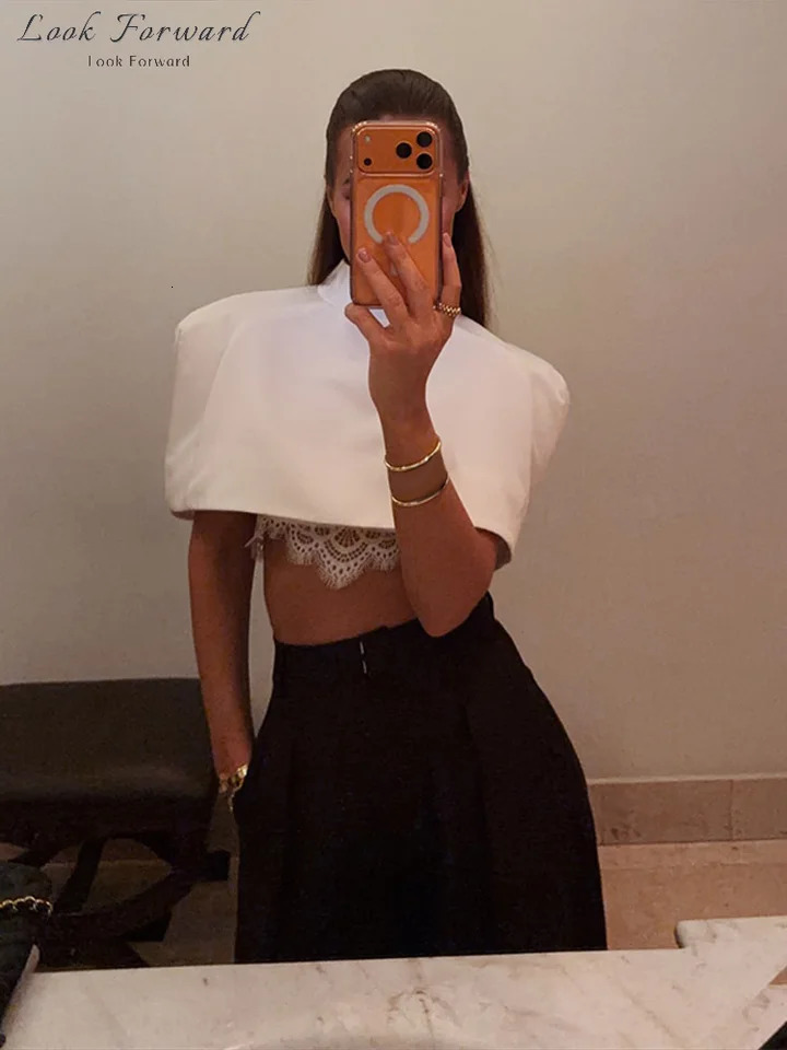 Elegant Cropped Shawl Tops Womens Short Sleeves Stand Collar Coat With Shoulder Pad 2026 Ladies Spring Summer Solid Outwear 260623