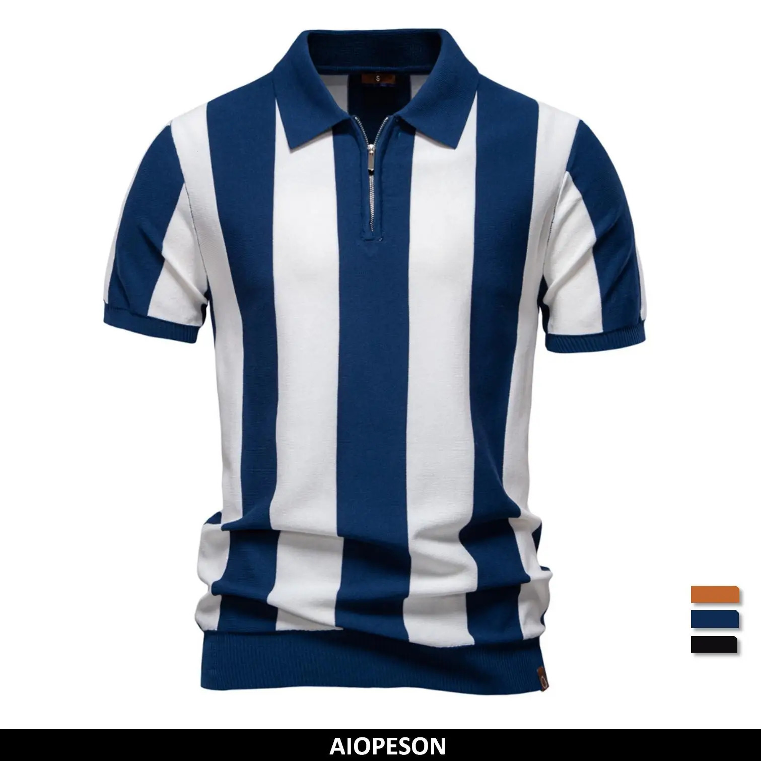 AIOPESON Summer Mens Breathable Striped Contrast Panel Polo Shirt - Casual Short Sleeve Knit Shirt with Comfort Fit 260623