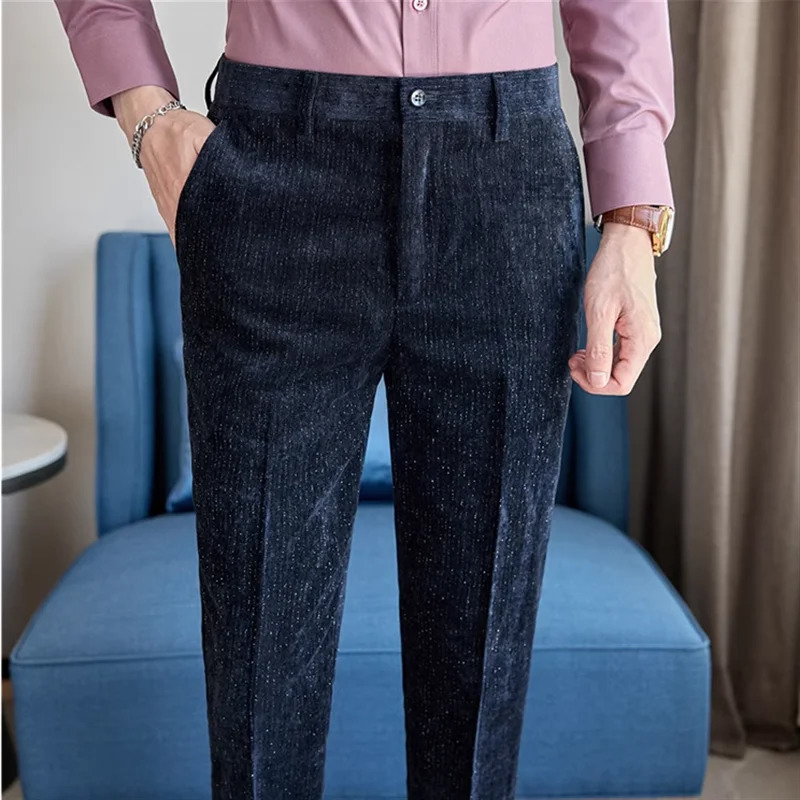 autumn and winter mens corduroy suit pant fashion homme business social wedding ball party dress slim fit trousers 260618