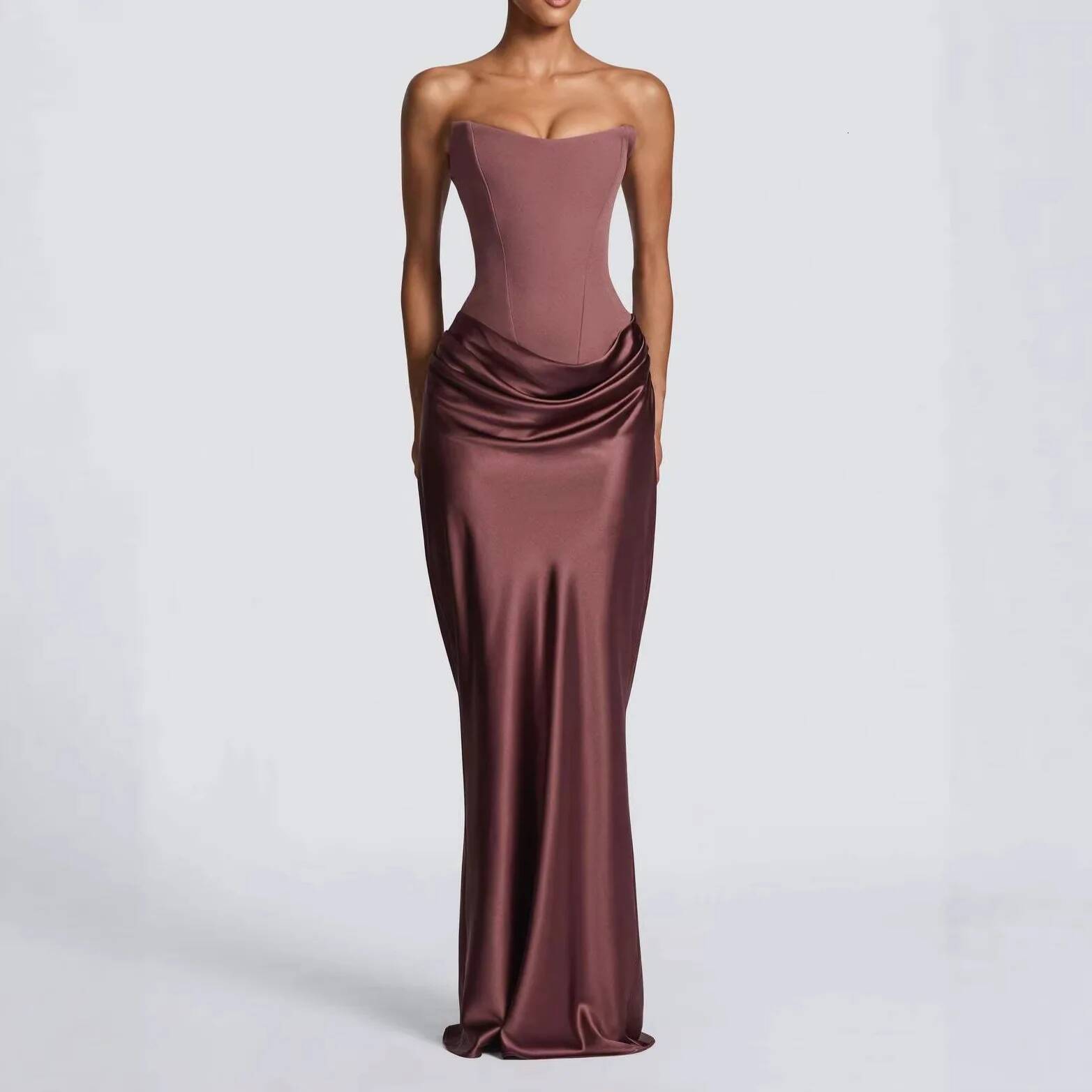 Women's 2026 New Arrival Solid Color Waist Cinching Sexy Strapless Satin Maxi Dress With Sashes MAKOUFEI