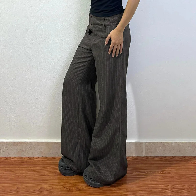 Fall Winter 2025 Womens Casual Pants Retro Striped WideLeg StraightCut Elegant Style LowWaist Drapey Trousers 260623banjia