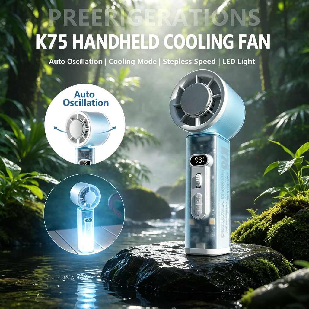 K75 Auto Swing Portable Fan 100 Gears Semiconductor Ice Cooling Long Battery Life LED Light Desktop Outdoor Hand Fan-image-1111958138