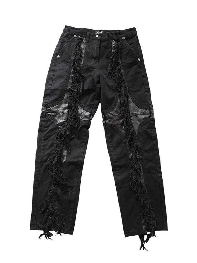 Jeans Uomo Thug Club Nappa Mohi Giunzioni a secco in pelle a contrasto Tubo dritto Nicchia Jeans lavati casual per uomo L26623
