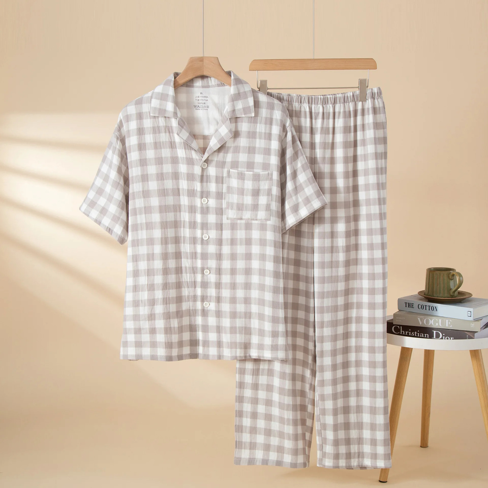 Plaid n Pajamas Set for Mens Sleepwear Clothes Cotton Lapel Casual Shortsleeved Shirt Tops with Long Pants Home 260615