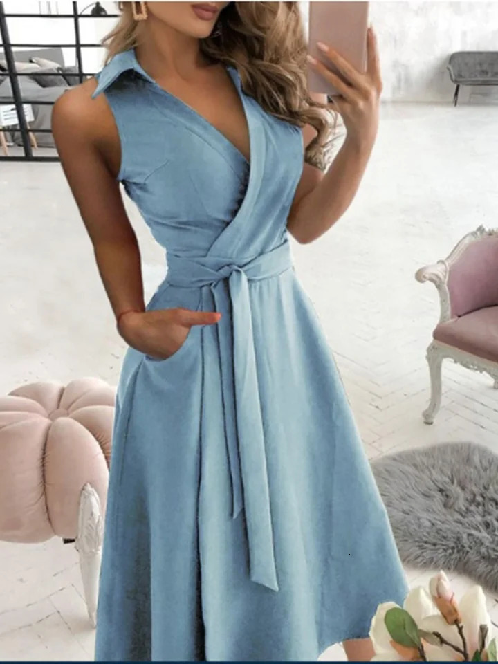 Vneck Lace Up Short Sleeved Solid Color Pocket Womens Dress Elegant Office Fashion Commuting Style Summer 260623