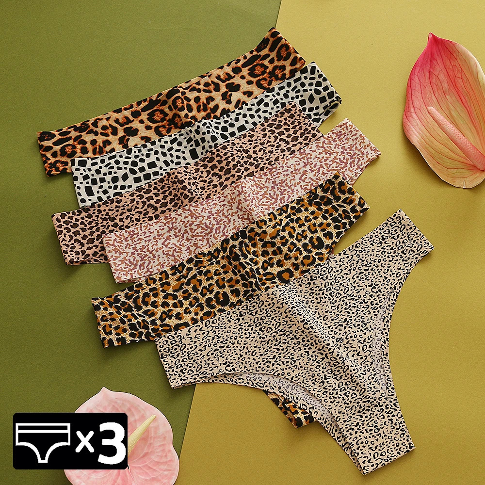 WarmSteps 3Pcs/Set Sexy Leopard Thongs Womens Panties Thongs Female Underwear Seamless Printed Panties Ice Silk Briefs 260622