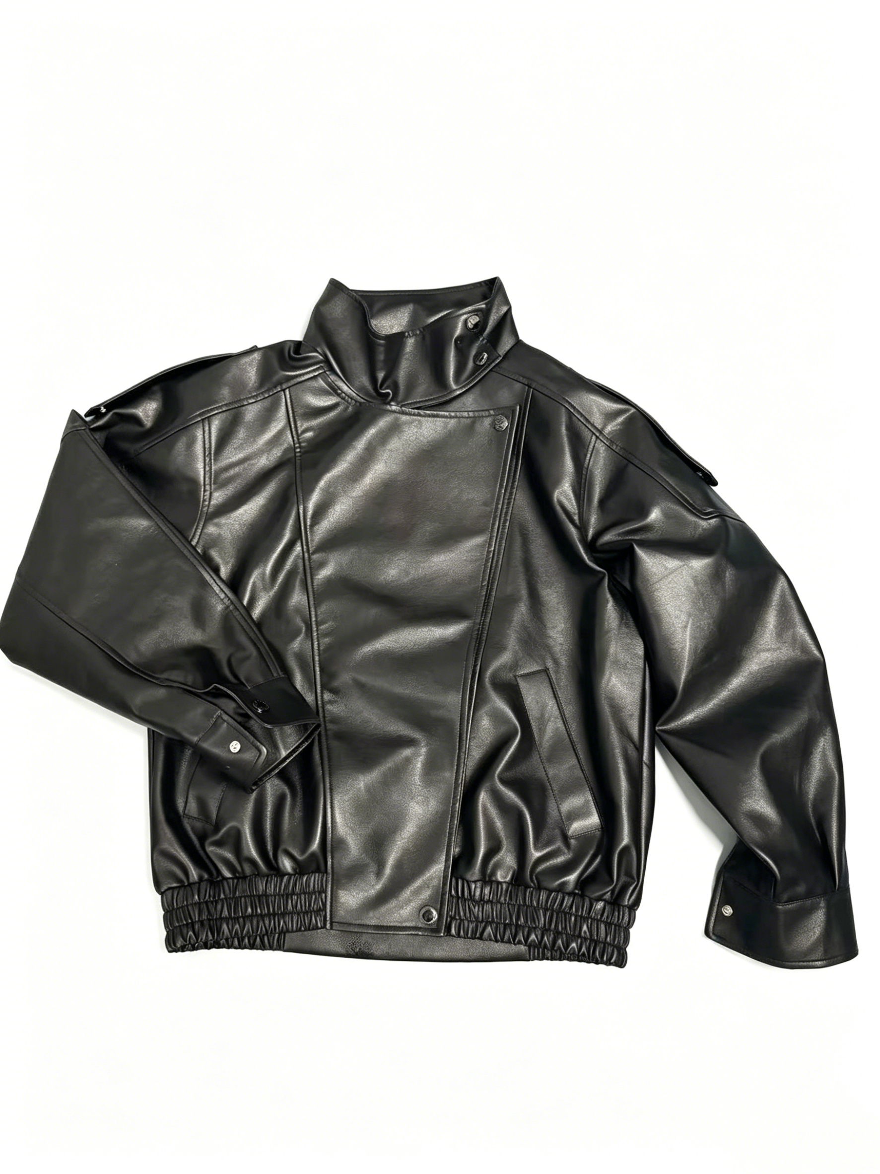Women's slanted collar leather jacket with faux fur collar, motorcycle-style leather coat, short style