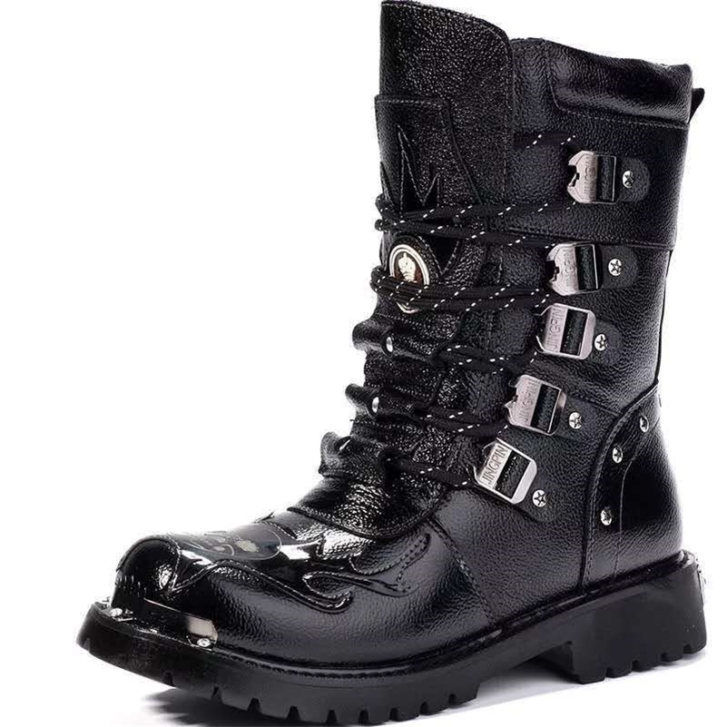 Men Motorcycle Boots Fashion Mid-Calf Punk Rock Punk PU Leather Black High Top Mens Casual Boot Steel Toe Shoes Big Size 38- 260610ww