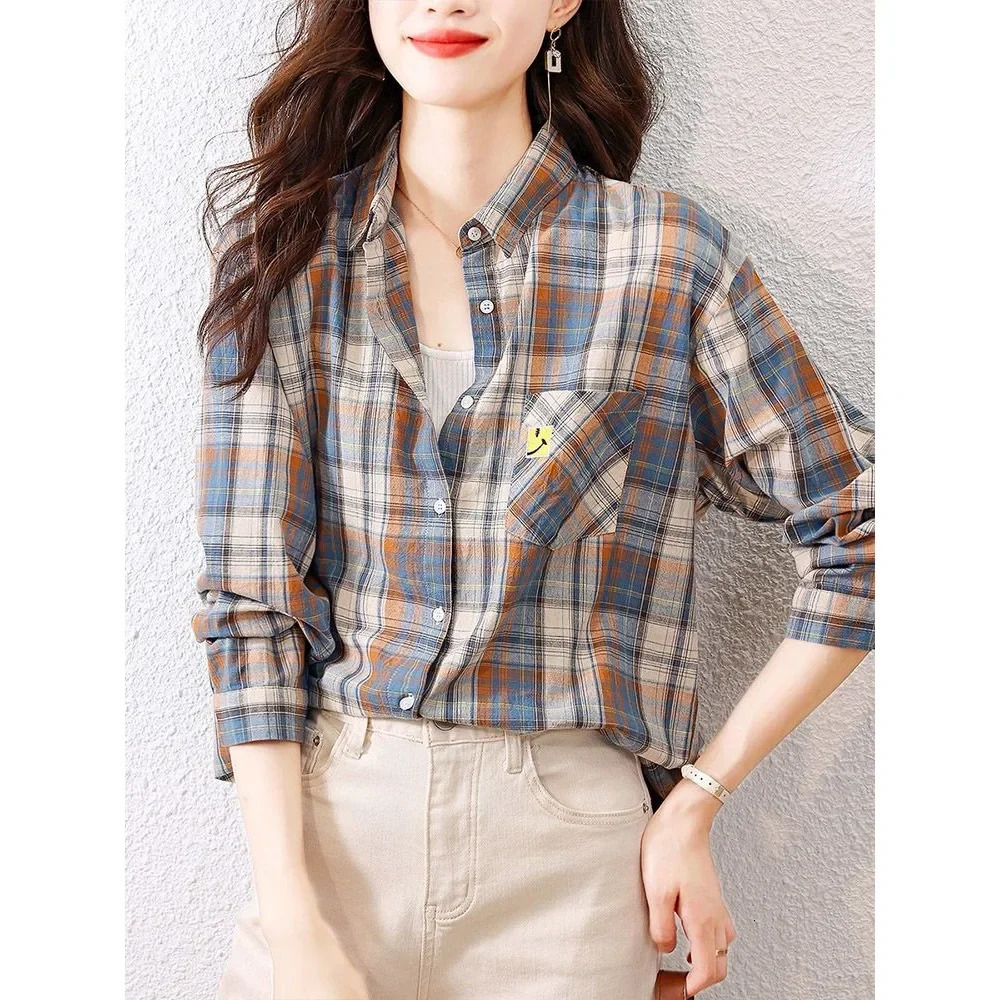 Checkered shirt for women in spring and autumn fashionable retro pure cotton worn with a foreign 260623