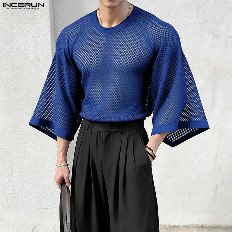 INCERUN Men T Shirt Solid Mesh See Through Sexy Oversize Clothes Streetwear 2026 34 Sleeve Stylish Casual Tops Camisetas 260623