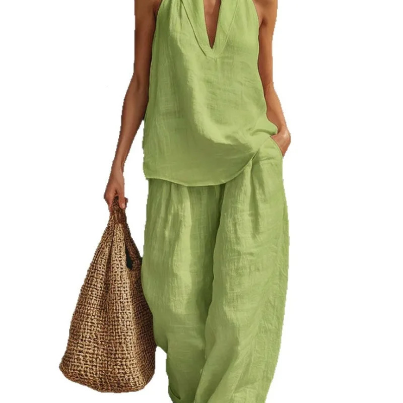 Womens Linen Halter Neck Vneck Sleeveless Top Wide Leg Pants 2 Piece Outfit Summer Casual Set 260623banjia