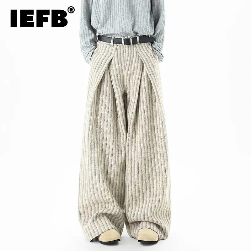IEFB Niche Mens Casual Trousers Striped Contrast Color Woolen Pleated Loose Straight Wide Leg Casual Male Pants 9X1633 260624