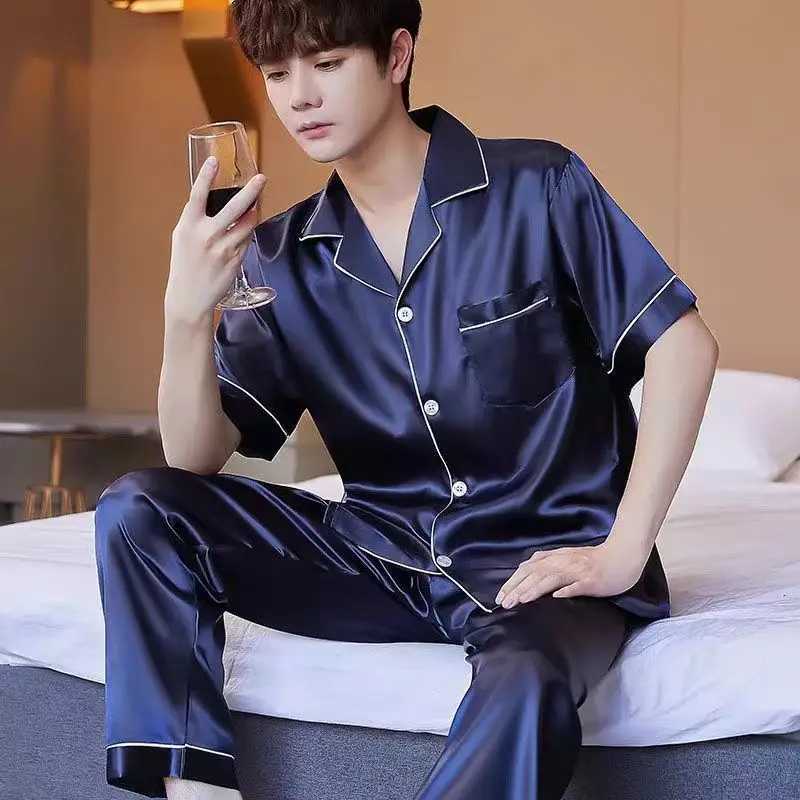 Ice New Silk Pajamas Mens Summer Short-Slved Trousers Thin High-End Simulated Silk Plus-Size Loose Loungewear Two-Piece Set L26623
