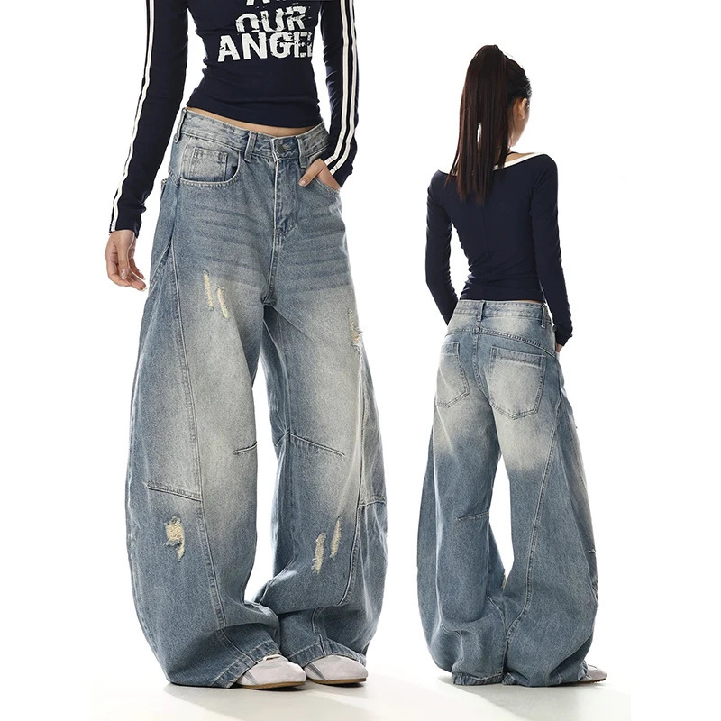 YIBASHU Women Ripped Jean American Retro Denim Blue Pants Y2k n High Street Wide Fit Cowboy Japanese Harajuku Long Trousers 260624